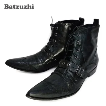 Batzuzhi/ Мужские ботинки в Римском стиле, Короткие Мотоциклетные Ботинки Со шнуровкой и ремешками с пряжкой, Мужские Военные Ботинки С острым носком, Большие размеры EU38-46